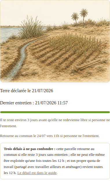 Écran Chez moi : illustration de la parcelle, dates de revendication et de dernier entretien, barre de santé, échéance avant retour au commun, et un rappel des trois délais à ne pas confondre.