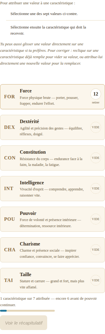 Écran de naissance : la caractéristique Force affiche la valeur 12 qui vient de lui être attribuée, avec un lien pour la retirer ; les six autres caractéristiques restent vides.